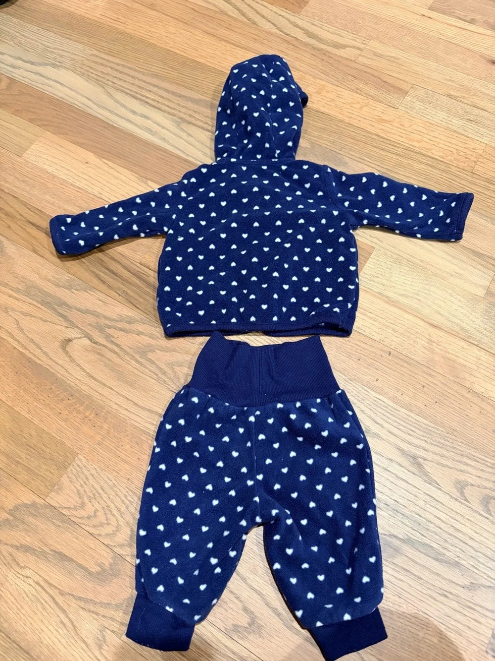 Carter’s baby girl fleece navy zip up hoodie and pants outfit with white hearts
